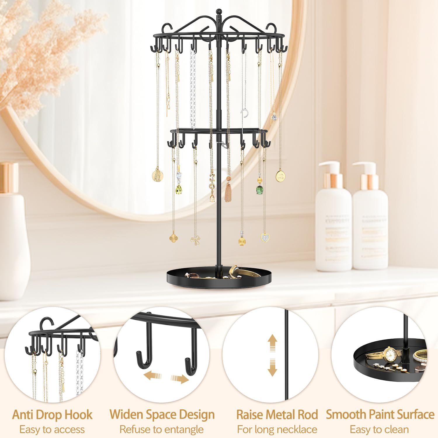 MODOWEY Rotating Necklace Holder Organizer Display Stand with 42 Hooks, 2 Tier Adjustable Metal Necklace Tree Rack with Jewelry Tray for Men Women, Tall Bracelet Storage Hanger for Selling, Black