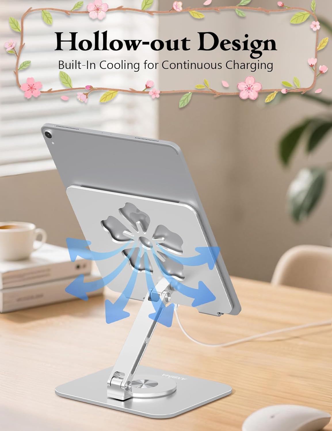 Tablet Stand for iPad, 360° Rotating Aluminum Foldable Holder – Adjustable Desk Stand | Fits iPad Pro 12.9/11,Samsung Galaxy Tab – Portable for Home, Office & Travel,Silver