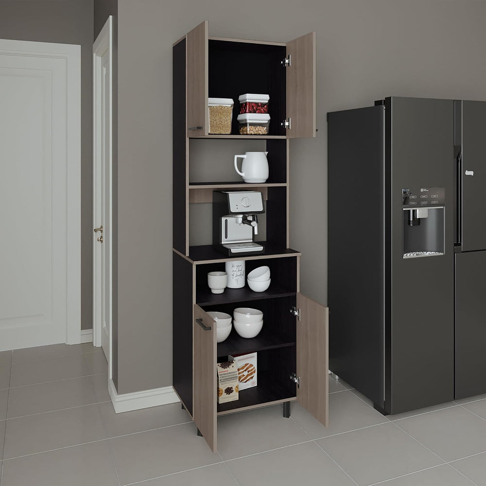 4 Door Kitchen Pantry with 4 Shelves and Legs, White Oak/Black Wengue | 4 doo...