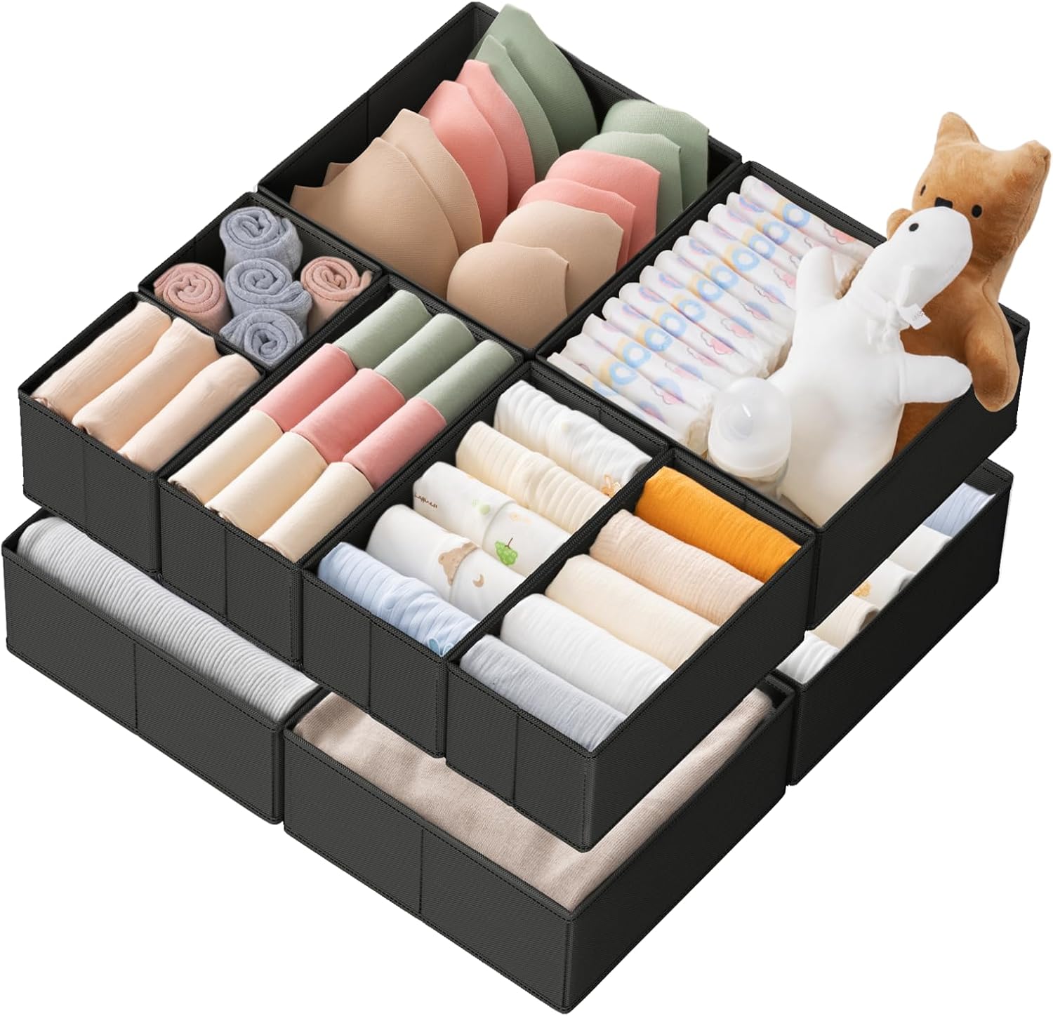 Criusia Drawer Organizer Clothes, 10 Pack Dresser Organizer for Baby Clothes, Underwear, Sock- Foldable Closet Organization and Storage Dividers Bins for Nursery, Bedroom (Black)