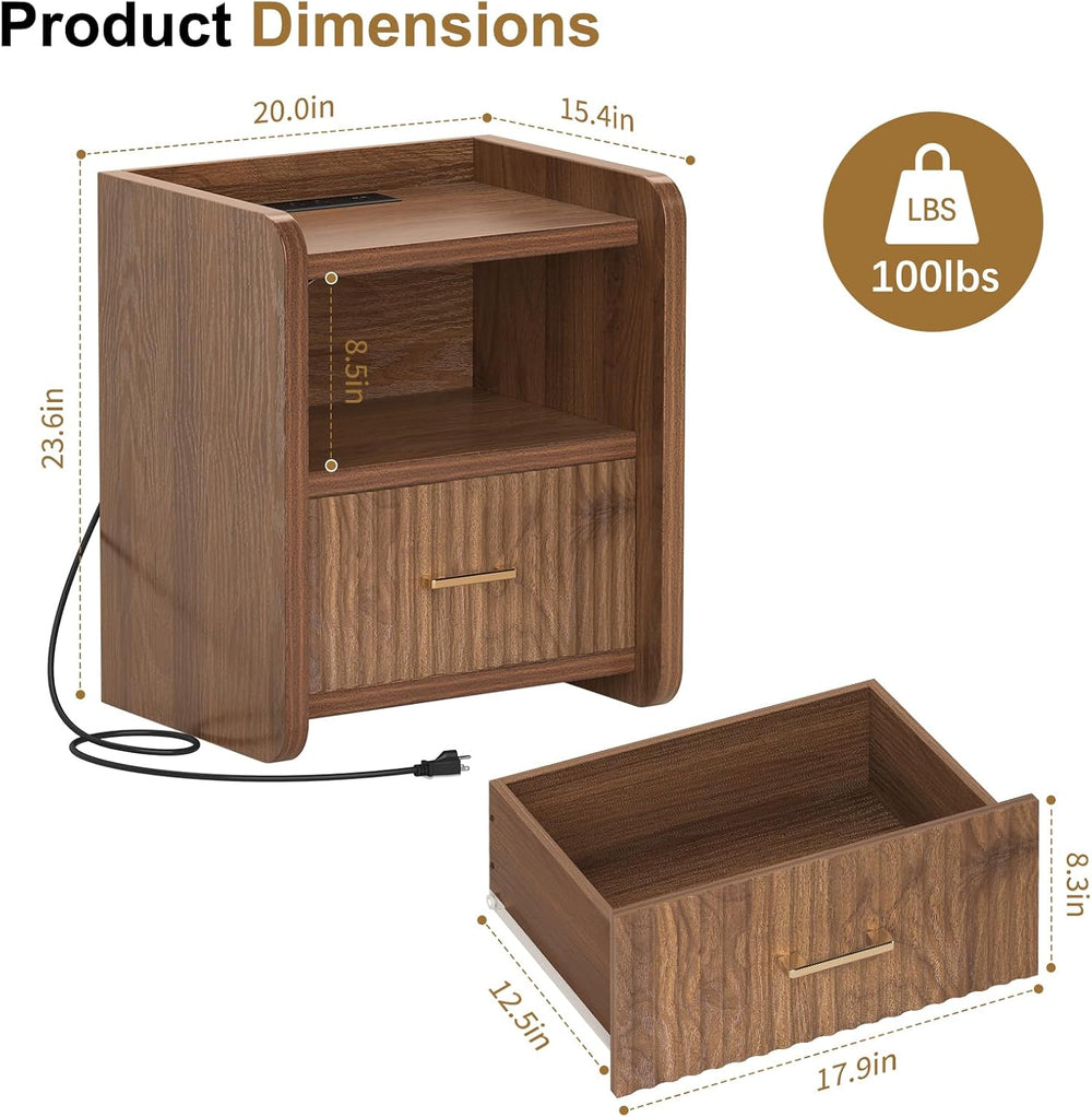 Night Stand with Charger Station - Modern Wood Nightstand with Drawer Storage...