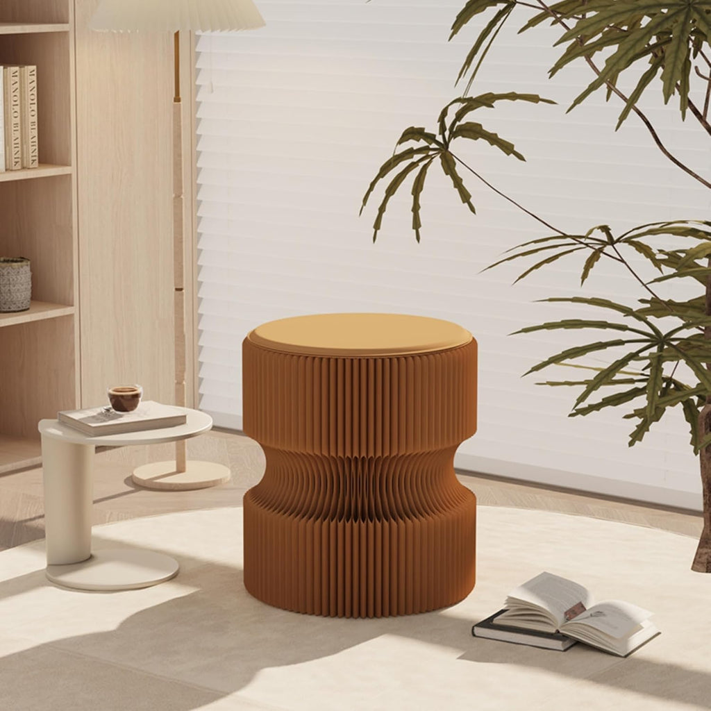 Foldable Paper Stool - Creative Accordion Design, Portable Expandable Round Stool for Home & Commercial Use, Footrest Seat for Entryway, Living Room or Retail Stores (Brown, H16in*D14in)
