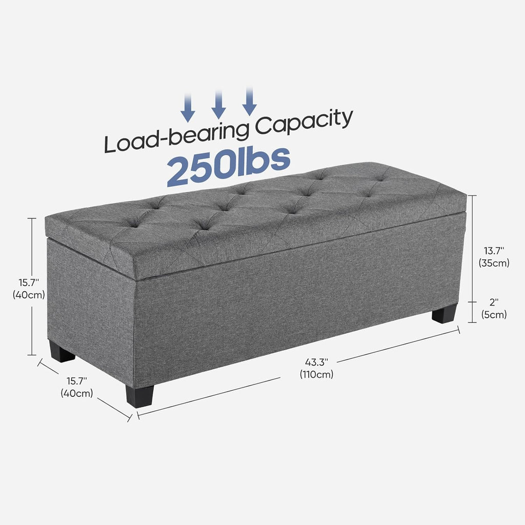 DUMOS Storage Ottoman Bench, 43.3 Inch End of Bed Bench for Living Room | 27 Gallon Steel Frame Linen-Look Fabric Chest, Removable Cover, 250lb Capacity, Bedroom Entryway, Dark Grey