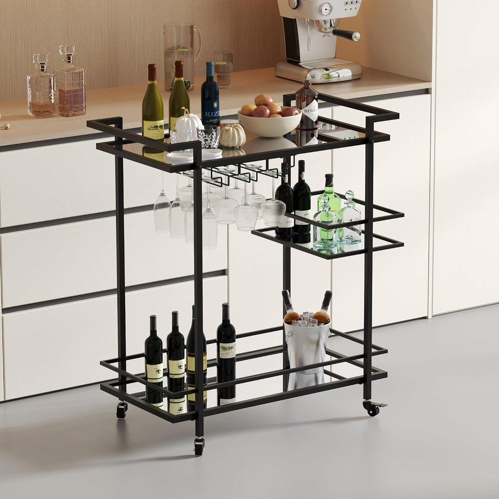 RiteSune Black Bar Carts for The Home, Wine Cart with Wheels | 3 Tier Home Se...