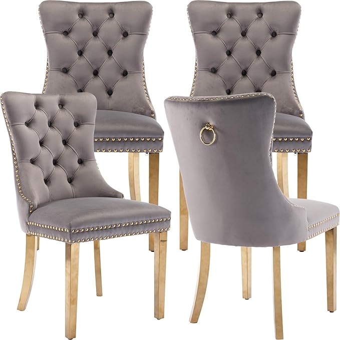 Mid Century Modern Dining Chairs Set of 4, Grey Velvet Upholstered Tufted Back, Kitchen & Dining Room Chairs, Gold Metal Legs, Nailhead Trim, Sillas para Comedor (Gray, 4 Pcs)