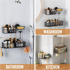 LEVERLOC Shower Caddy Suction Cup, 2 Pack suction shower shelf with Hooks & Soap holder, NO-Drilling Bathroom Holder, Rustproof bathroom organizer, Black