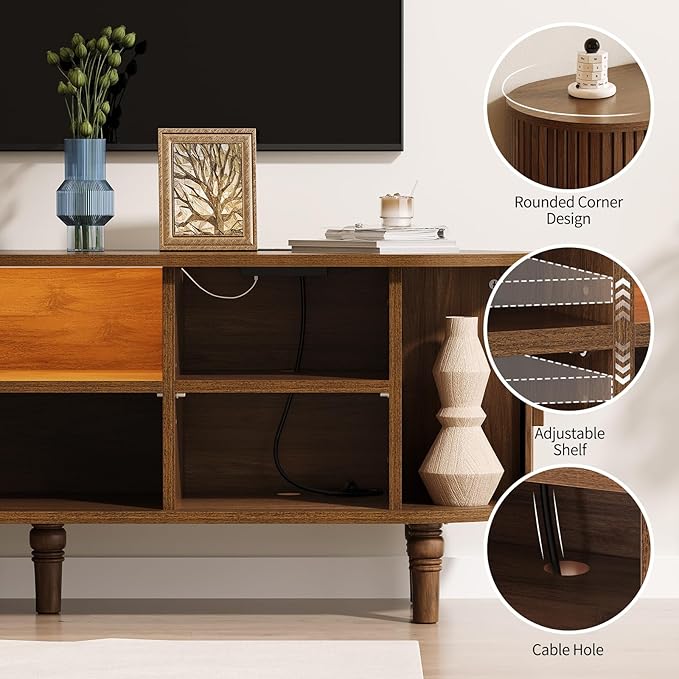 TV Console with Power Outlet-55 Entertainment Center with Sliding Tambour Door, Modern TV Stands for Living Room Bedroom, LED Media Stand with Storage Cabinet and Adjustable Shelves, Walnut