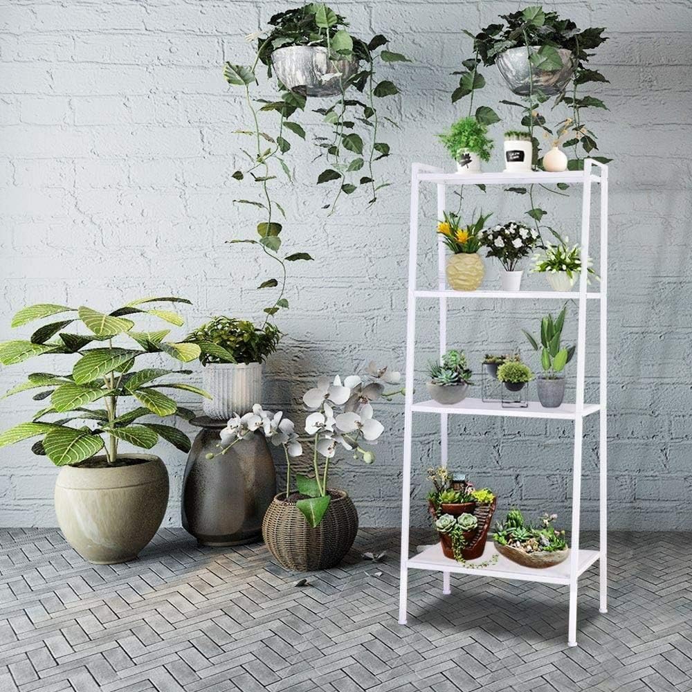 4-Tier Metal Ladder Shelf, Multifunctional Ladder Bookshelf Plant Flower Stand Storage Rack Shelves Bookcase with Metal Mesh Layers for Home Living Room Office (White)