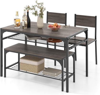 COSTWAY Dining Table Set for 4 with Bench & 2 Chairs, Storage Racks, Grey