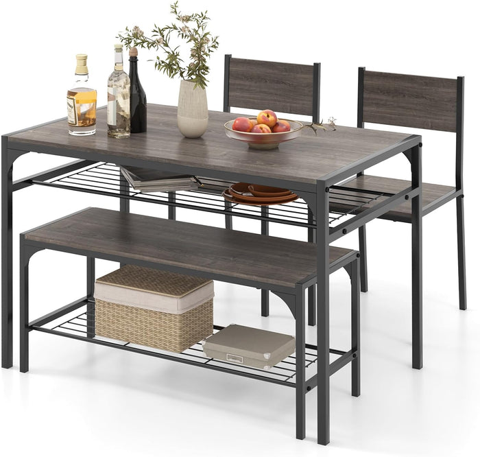 COSTWAY Dining Table Set for 4 with Bench & 2 Chairs, Storage Racks, Grey