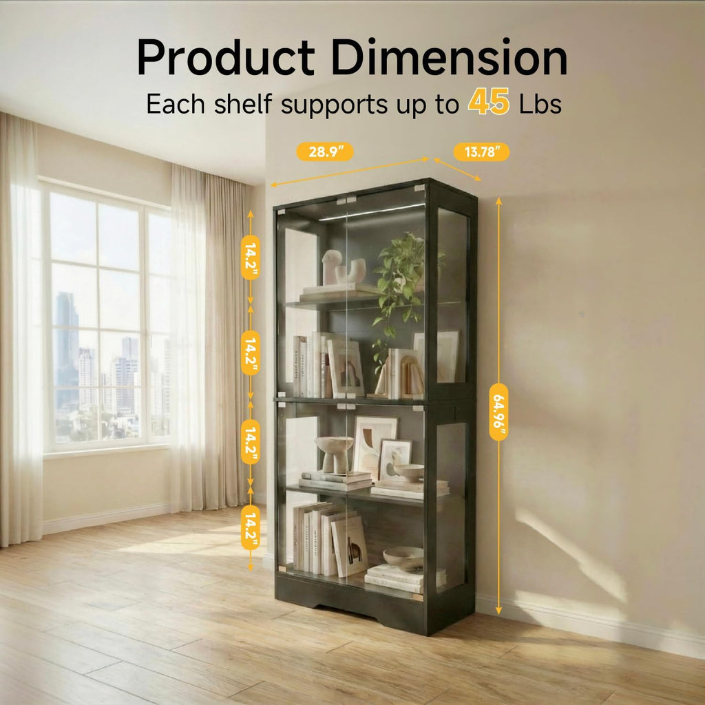 GINGO 5.5 Ft Display Cabinet with Glass Doors, 4-Tier Curio Cabinet with 3 Color Lights for Collectibles, Glass Display Case with Human Body Sensor, Bookcase with 4 Shelves, Storage Cabinets, Black