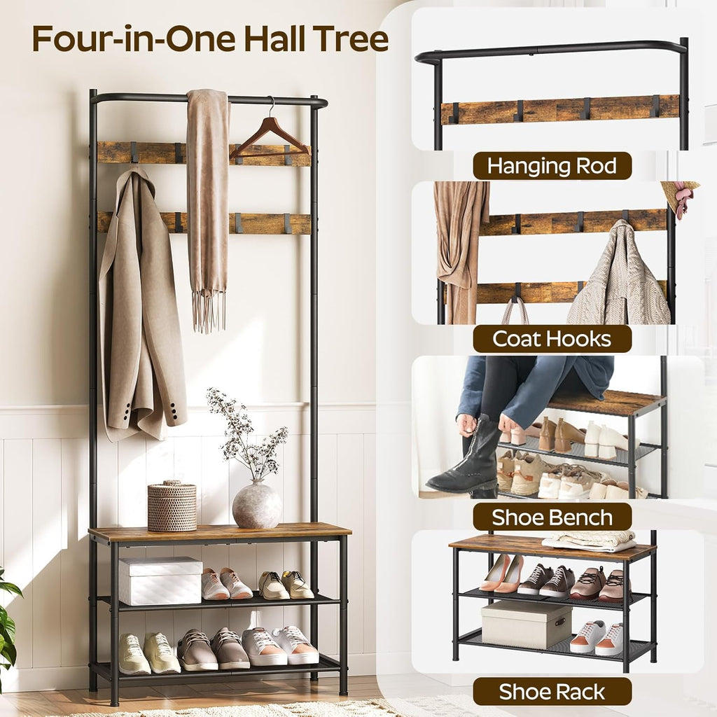 YATINEY Hall Tree, Coat Rack with Shoe Bench, 4-in-1 Entryway Bench with Storage Shelves, Hanging Rod and 8 Movable Hooks, Hall Tree with Storage Bench for Hallway, Rustic Brown and Black MT02BR