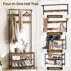 YATINEY Hall Tree, Coat Rack with Shoe Bench, 4-in-1 Entryway Bench with Storage Shelves, Hanging Rod and 8 Movable Hooks, Hall Tree with Storage Bench for Hallway, Rustic Brown and Black MT02BR