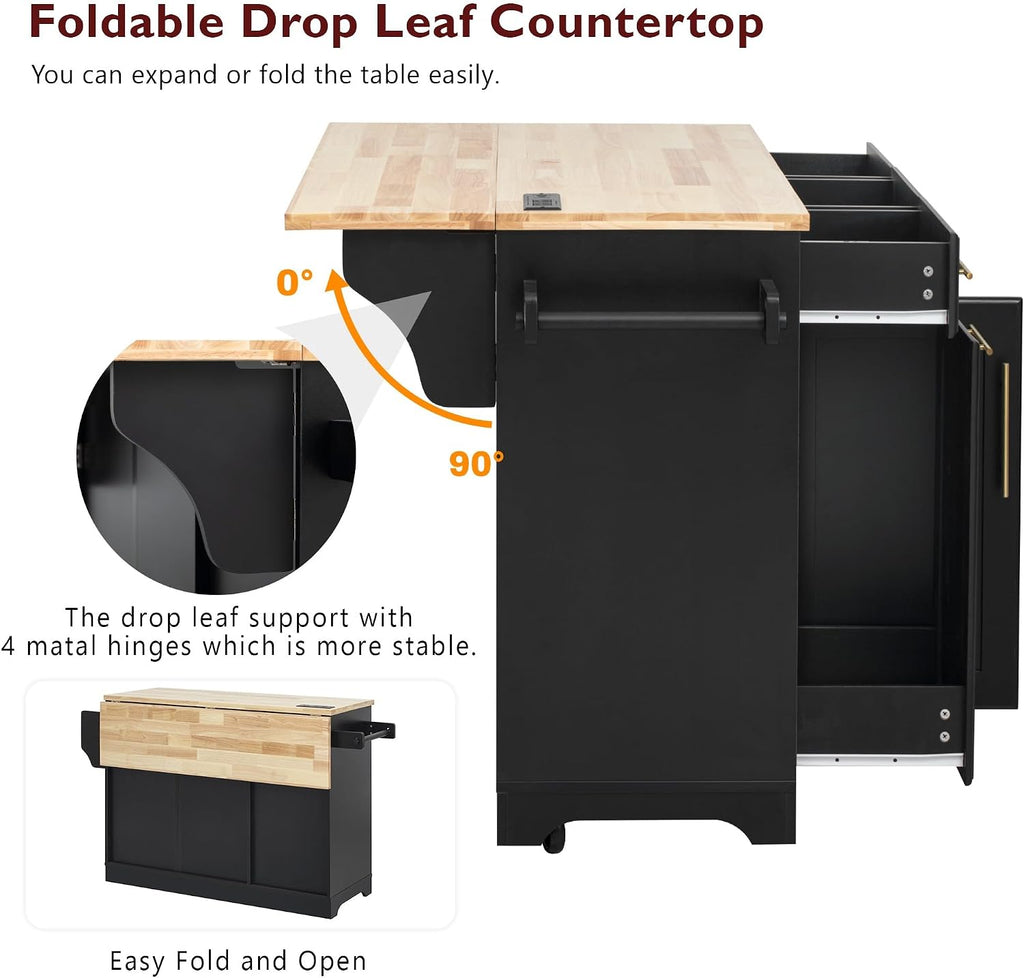 Merax 59.3" Black Kitchen Island with Storage, 2 Pull Out Cabinet Organizers & Rubber Wood Drop Leaf, Rolling Island Table with Trash Can Storage, Power Outlet, Spice & Towel Rack for Kitchen Dining