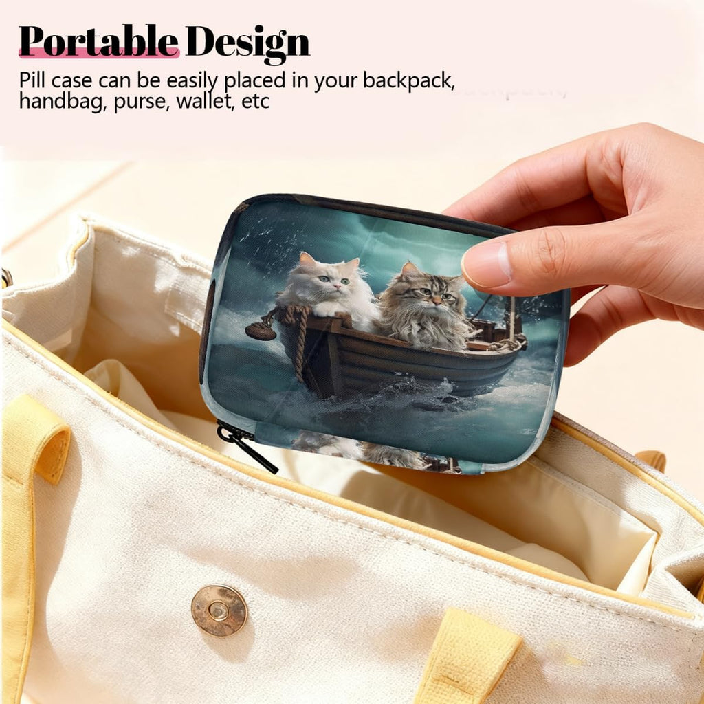 Funny Cats Wooden Boat Pill Organizer Travel Medicine Case with Zipper Daily Vitamin Storage Bag Portable 8 Slot Weekly Pill Box Supplement Holder for Home Office Gym Travel