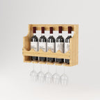 Wine Rack Wall Mounted, Adjustable Wine Rack with Wine Glass Holder, 5-Bottle Floating Shelves for Wall, Wall Hanging Wine Storage for Kitchen Bar Home Decor, Bamboo, Natural