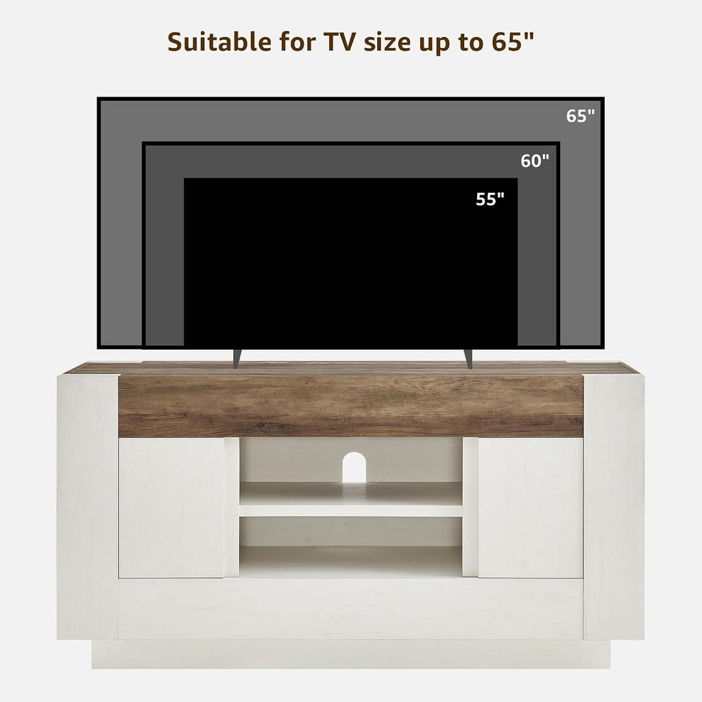 OKD 55" TV Stand for 65" TV, Thick Block Media Console, Antique White | Open Storage, Side Cabinets, Soft Close Door, Cable Management, Modern Entertainment Center for Living Room, Bedroom