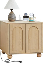 Bed Side Table with Charging Station, Mid Century Modern Nightstand with 2 Doors, Square End Table with Storage for Couch,Living Room,Small Spaces, Sofa Side Table for Office,Dorm - Natural