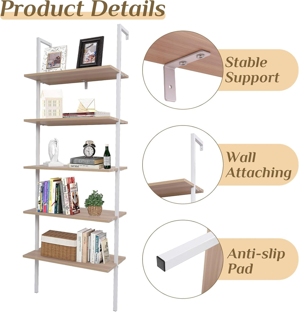 Karl home Oak 5 Tier Wall Mount Ladder Shelf, Metal Frame Open Bookcase