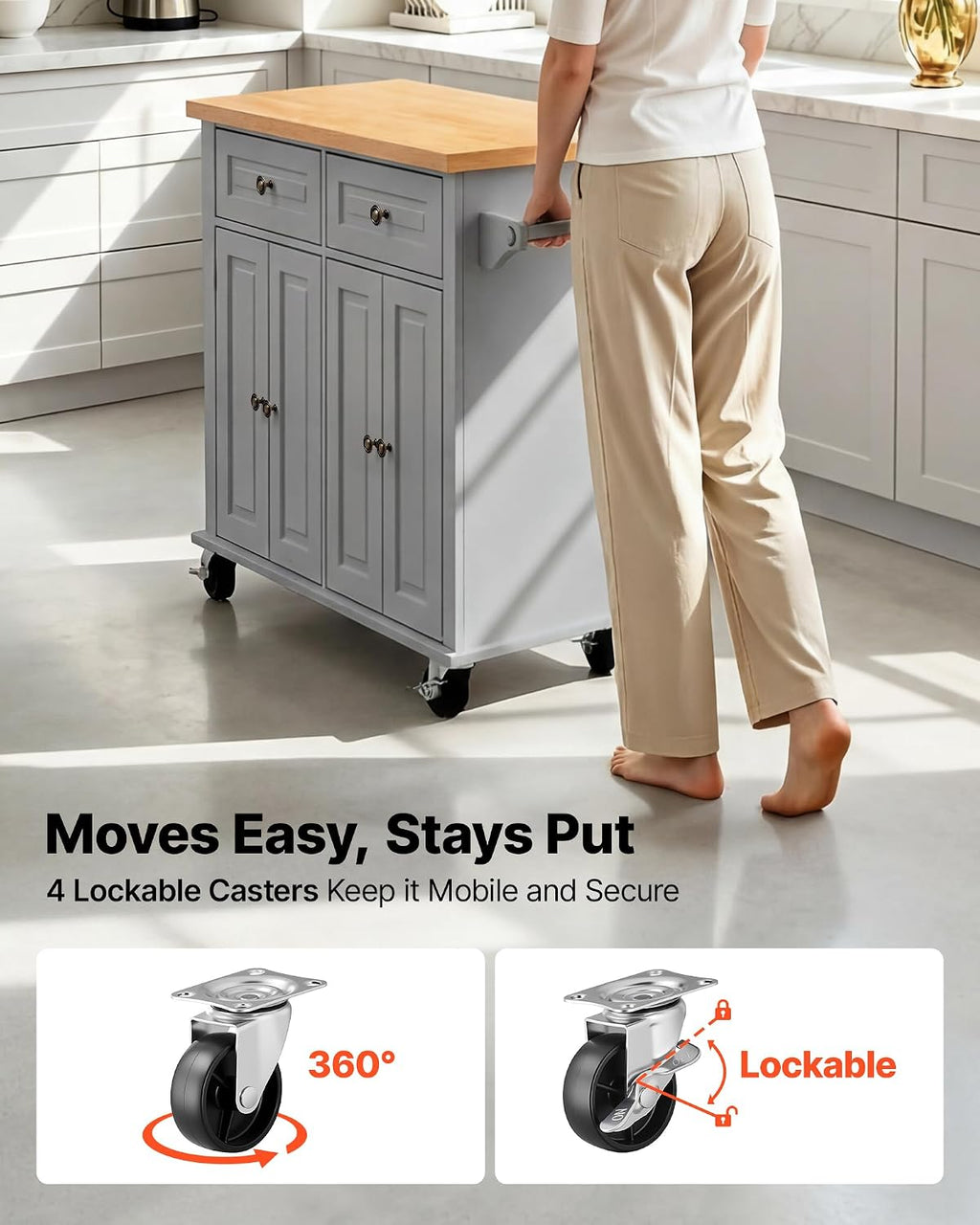VEVOR Kitchen Island Cart with Storage, 43.7 in Wide Mobile Rolling Storage Island on Swivel Wheels, with 2 Drawers, Storage Cabinet, Spice/Towel Rack, Hooks, Table for Home Dining Room, Gray