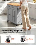 VEVOR Kitchen Island Cart with Storage, 43.7 in Wide Mobile Rolling Storage Island on Swivel Wheels, with 2 Drawers, Storage Cabinet, Spice/Towel Rack, Hooks, Table for Home Dining Room, Gray
