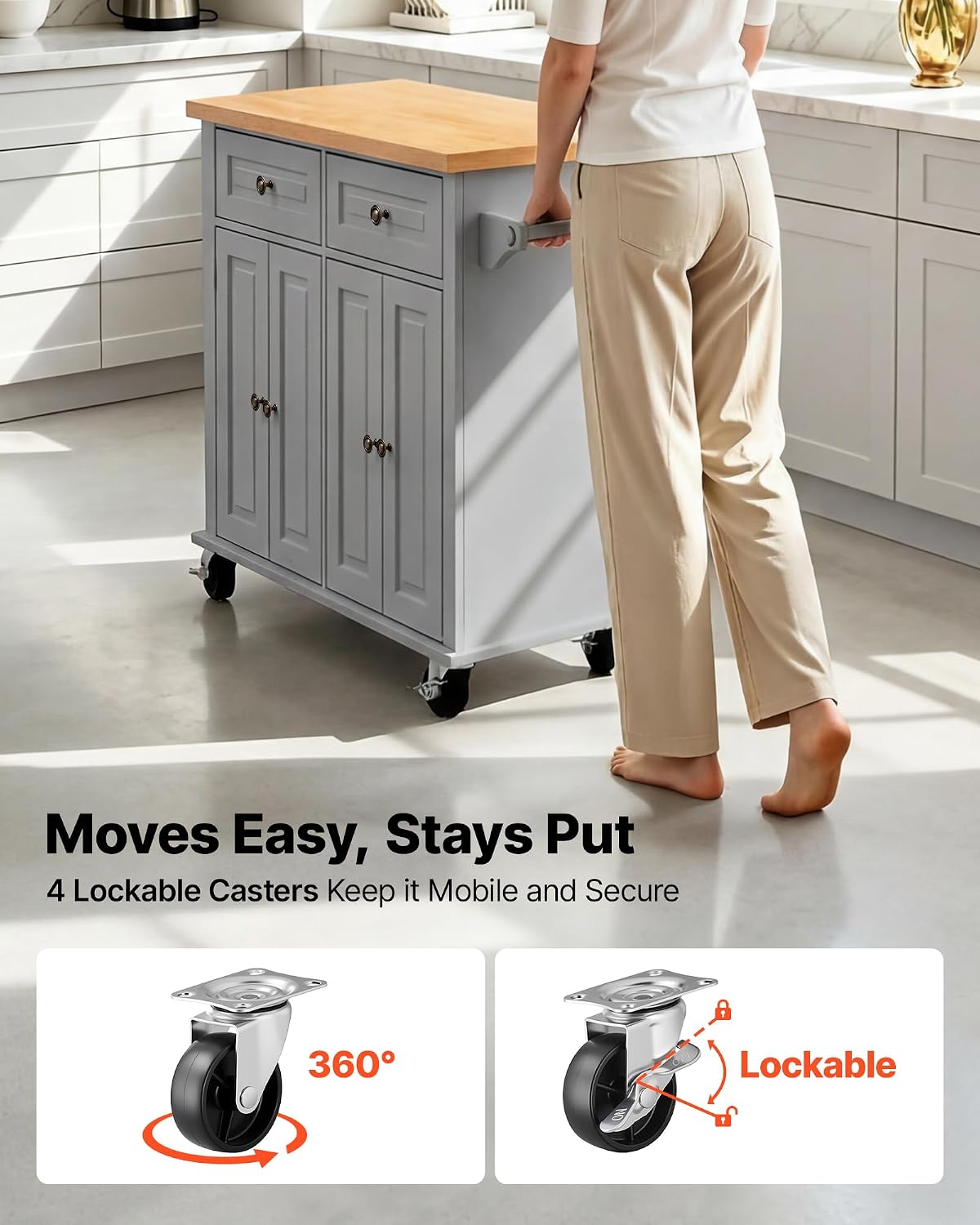 VEVOR Kitchen Island Cart with Storage, 43.7 in Wide Mobile Rolling Storage Island on Swivel Wheels, with 2 Drawers, Storage Cabinet, Spice/Towel Rack, Hooks, Table for Home Dining Room, Gray
