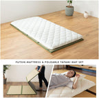 EMOOR Japanese Futon Mattress Premium CLASSE and Tatami Mat Set Twin, Floor Sleeping Mat Sikibuton Igusa Natural Cotton