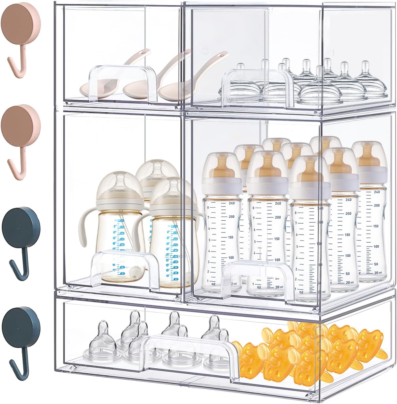 Baby Bottle Organizer with Hooks - 5 Pack Stackable Storage Drawer | Baby Bottle Organizers and Storage, Clear Acrylic Multipurpose Bottle Storage for Countertop