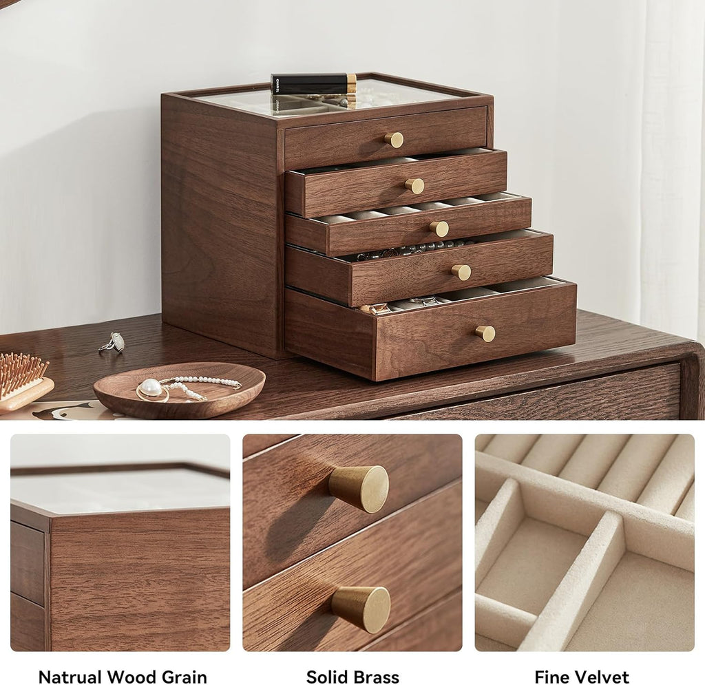 CHOSIN Black Walnut Wooden Jewelry Box Women large 5 Level Drawer Organizer Box with Glass Lid for Necklaces Watch Necklace Ring Earring Storage Christmas Gifts