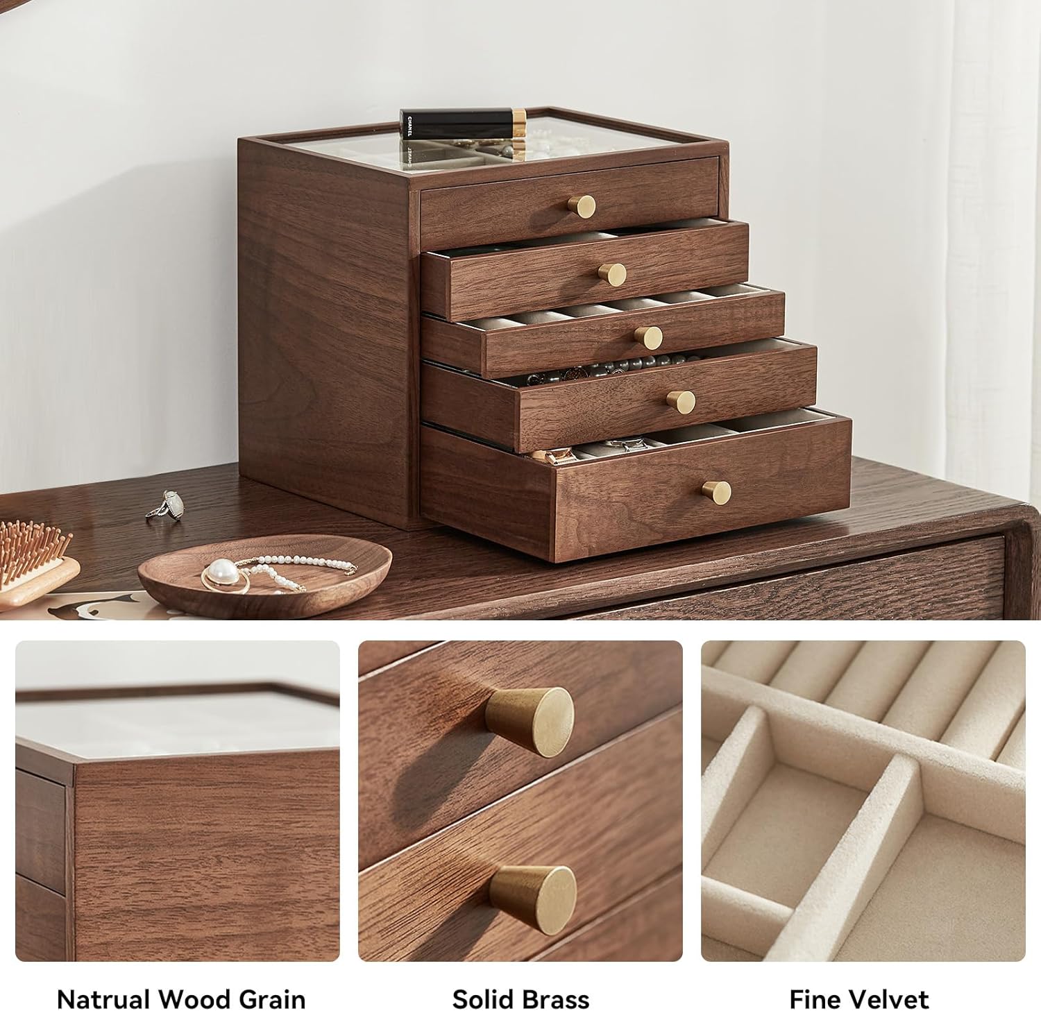 CHOSIN Black Walnut Wooden Jewelry Box Women large 5 Level Drawer Organizer Box with Glass Lid for Necklaces Watch Necklace Ring Earring Storage Christmas Gifts