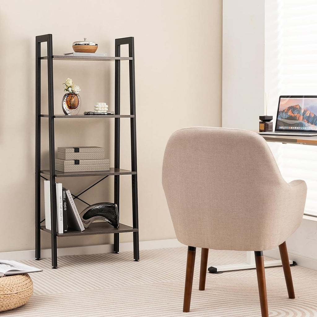 Giantex Ladder Shelf 4-Tier Industrial Bookshelf Storage Rack Shelves for Home and Office Use, Wooden Display Rack with Metal Frame (Gray)