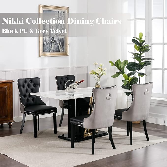Dining Chairs Set of 6, Upholstered Dining Room Chairs with Back Ring Pull Trim and Solid Wood Legs, Modern Tufted Kitchen Chairs Perfect for Dining Room, Black Pu Leather Splicing Grey Velvet