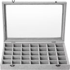 Frebeauty Velvet Jewelry Tray,35 Grid Jewelry Organizer with Clear Lid,Earring Holder Organizer Case with Clasp,Drawer Insert for Rings Studs,13.8 x 9.5 x 2 Inches,Gift for Women Girls(Grey)