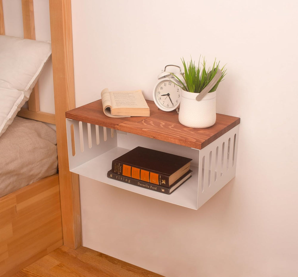 Floating Nightstand with White Metal Base, Wooden Top and Sturdy Metal Base, ...