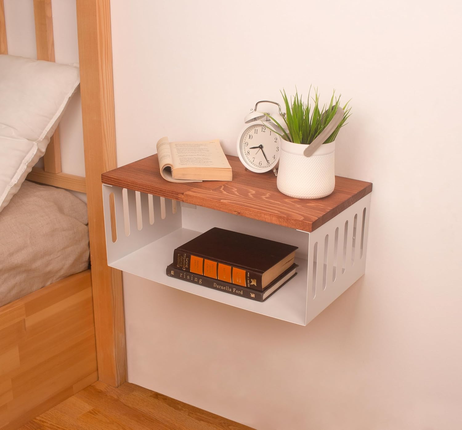 Floating Nightstand with White Metal Base, Wooden Top and Sturdy Metal Base, Minimalist Bedside Table, Wall Mounted Shelf, Bedside Shelf (Paris)