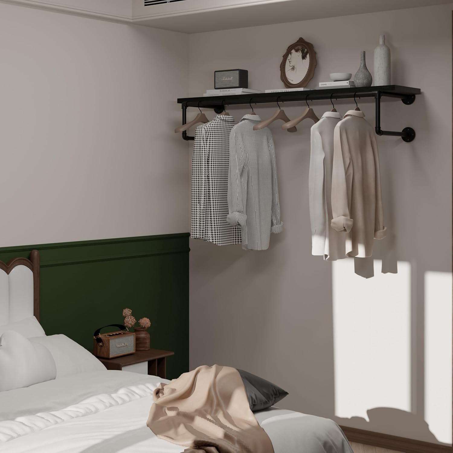 Clothes Rack 48in, Wall Mounted Garment Racks with Real Black Wood Shelf, Heavy Duty Hanging Clothes Rack, Multi-Purpose Hanging Rod, Space-Saving Closet Storage