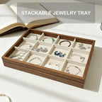 Large Jewelry Trays for Drawers Stackable Velvet Jewelry Display for Vendors Jewelry Drawer Organizer Inserts for Rings Necklace Bracelets Earrings and Studs Earring (Beige, 12 Grid)