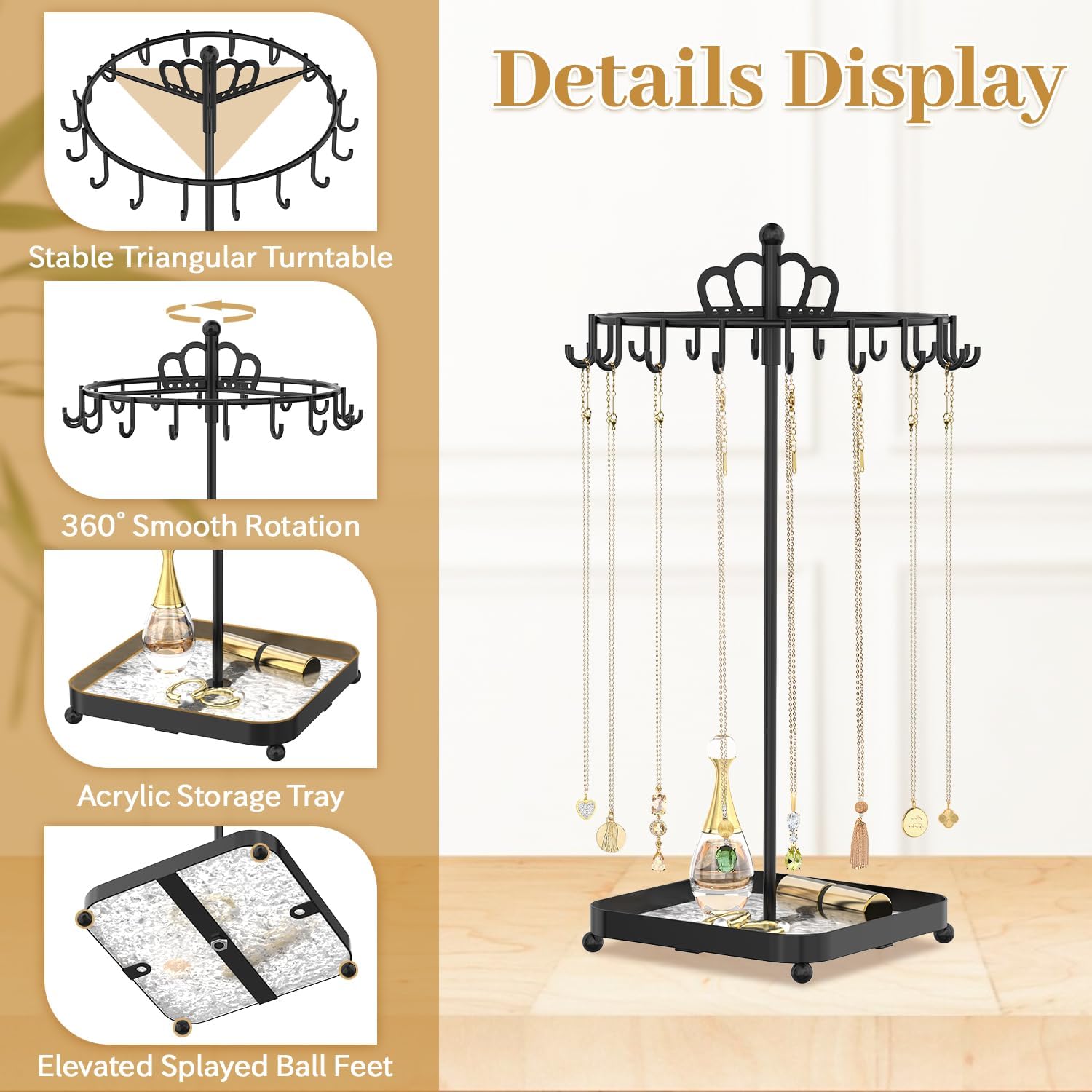 MODOWEY Rotating Metal Necklace Holder Organizer Stand with Acrylic Tray, 18 Hooks Small Jewelry Display Tree for Pendant Bracelet Storage, Compact Chain Hanger Rack for Women Men Space Saving, Black