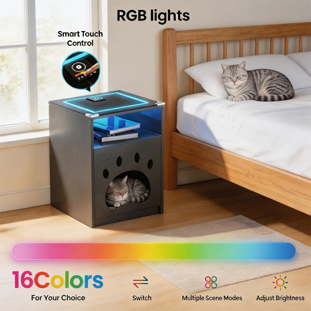 Cat House Night Cabinet with Charging Station & LED Lights, Modern Wooden...