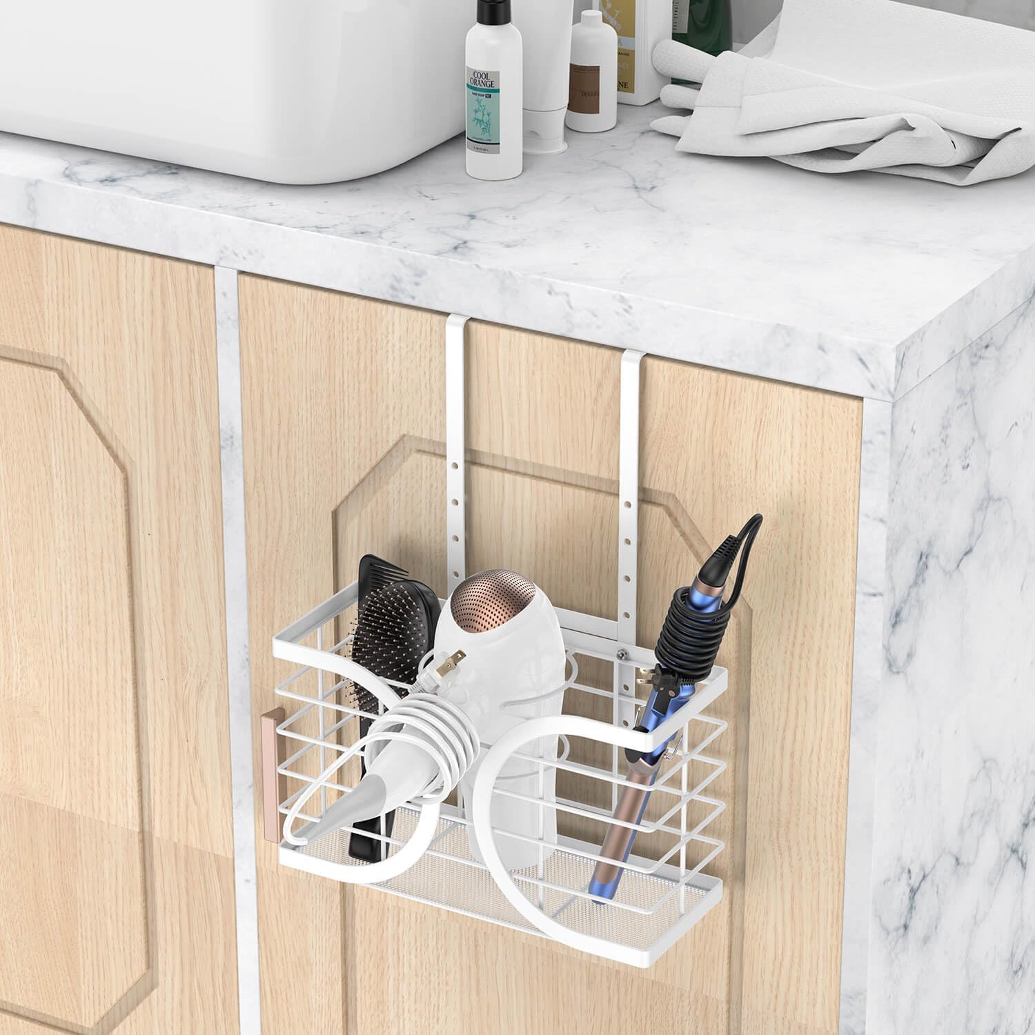 Hair Dryer Holder 3in1 Hair Tool Organizer/Wall Mounted,Cabinet Door or Desk-based Blow Dryer Holder/Height-adjustable Curling Iron Holder/Bathroom Cabinet Organizer for Flat Irons Curling Wand