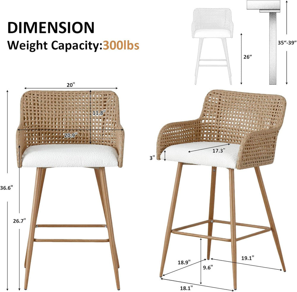 Rattan Bar Stools Set of 2,26'' Counter Height Bar Stools with PE Rat...