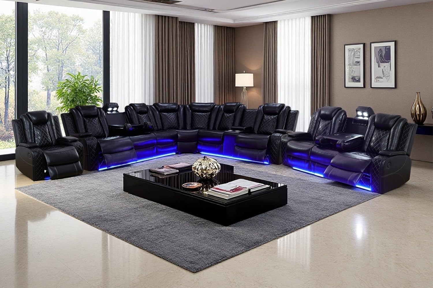 Living Room Furniture Set, Power Sectional Recliner Sofa and Chair Set with LED Light, Air Leather Electric Reclining Sofa with 5 Recliner Seats/Cup Holders/USB Port/Storage Console for Living Room