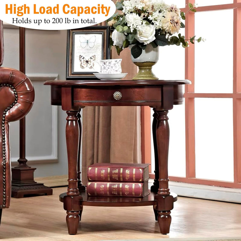 YUNMUAIR-Solid Wood End Table,Round Side Table with Drawers,Vintage Nightstan...