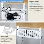 AEONS Universal Under Desk Cable Management Tray-Clamp Mount Hinged Swing Modesty Panel Organizer for Office Desks Easy Access Flip-Down position Power Strip Cord Storage No-Drill 25 lb Capacity White