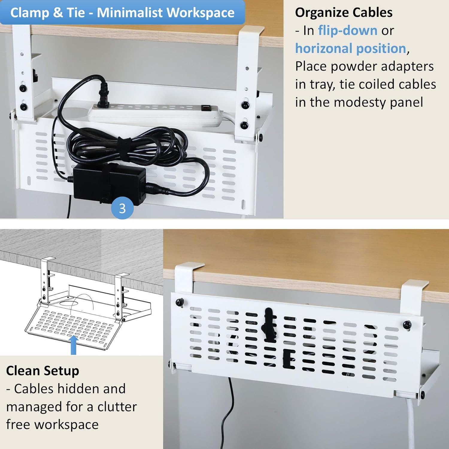 AEONS Universal Under Desk Cable Management Tray-Clamp Mount Hinged Swing Modesty Panel Organizer for Office Desks Easy Access Flip-Down position Power Strip Cord Storage No-Drill 25 lb Capacity White