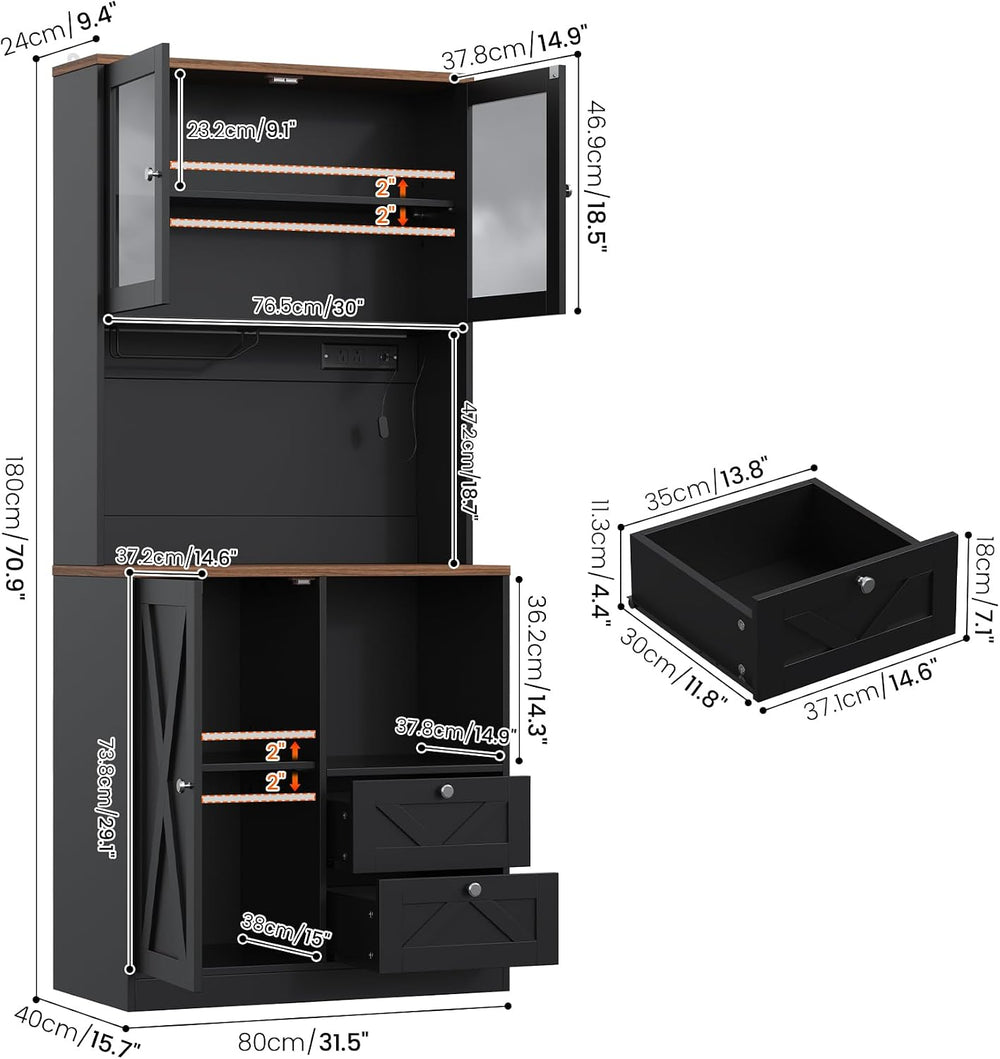 71" Tall Coffee Bar Cabinet with Storage Hutch, Farmhouse Kitchen Pantry...
