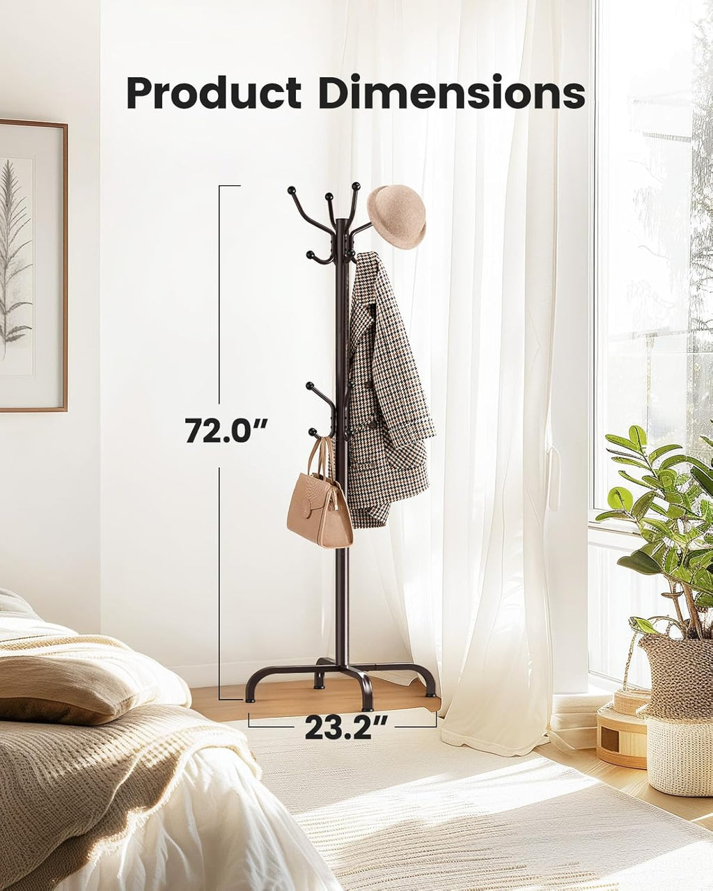 Pipishell Coat Rack with 14 Hooks, Freestanding Coat Rack Stand for Entryway, Hallway, Bedroom, and Office, Metal Coat Tree & Hat Rack for Coats, Hats, and Bags, Brown