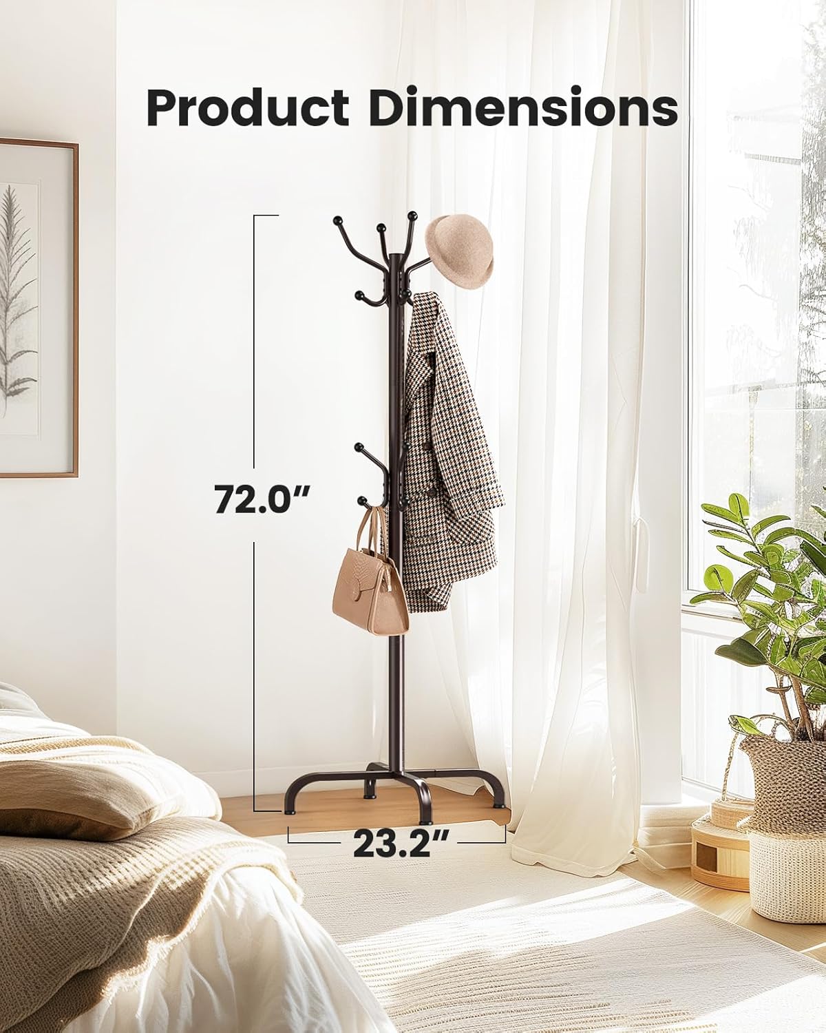 Pipishell Coat Rack with 14 Hooks, Freestanding Coat Rack Stand for Entryway, Hallway, Bedroom, and Office, Metal Coat Tree & Hat Rack for Coats, Hats, and Bags, Brown