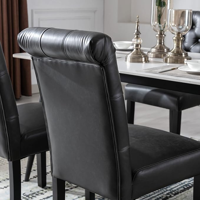 Farmhouse Dining Chairs Set of 4, PU Leather Kitchen Chairs, Modern Upholstered Accent Chair Solid Wood Parsons Chairs for Home/Living Room/Bedroom/Resturant, Black