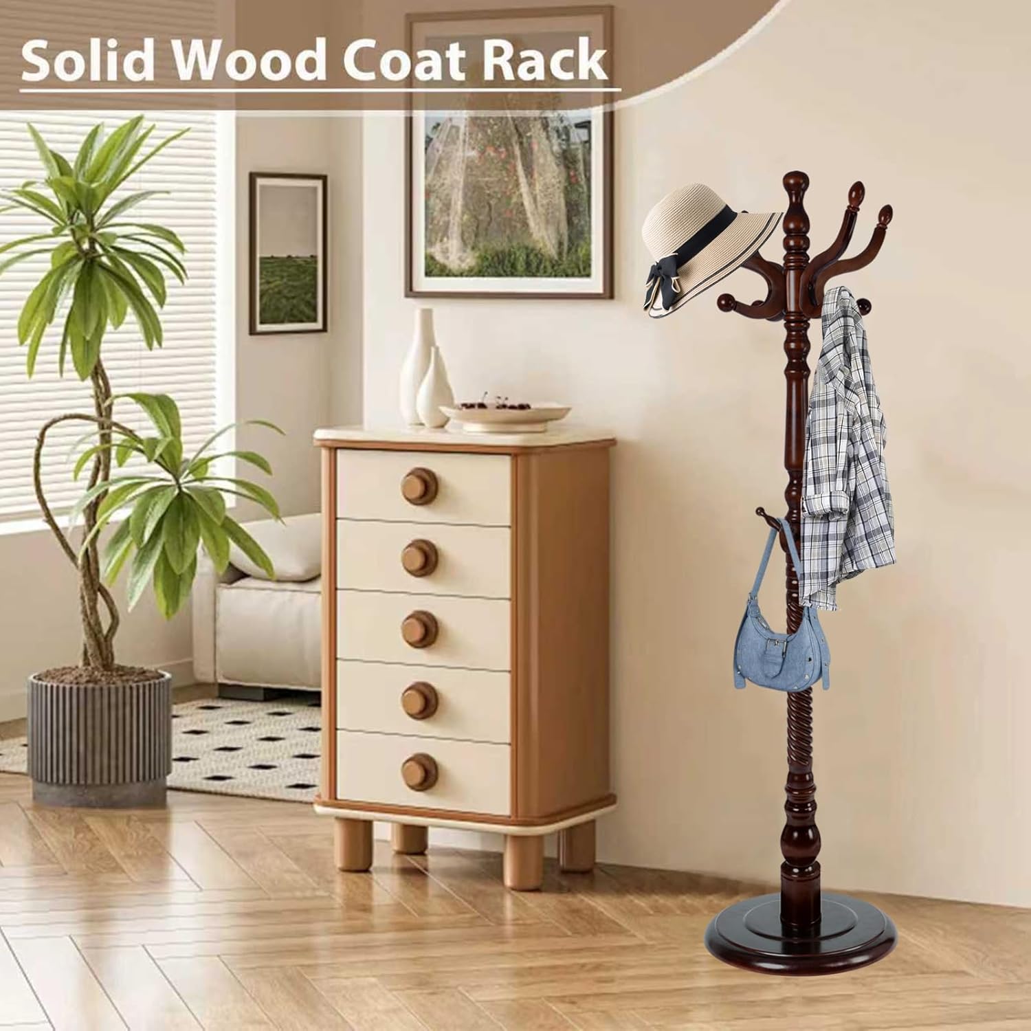 Solid Wooden Coat Rack Stand, Coat Racks Freestanding with 11 Hooks, Natural Birch Wood Coat stands with Triangle Base, Tree Coat Hanger Standing for Entryway Bedroom Office (Antique triangle)
